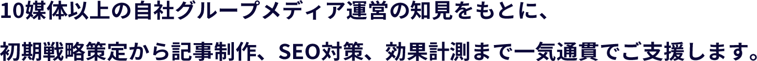 10媒体以上の自社グループメディア運営の知見をもとに、初期戦略策定から記事制作、SEO対策、効果計測まで一気通貫でご支援します。